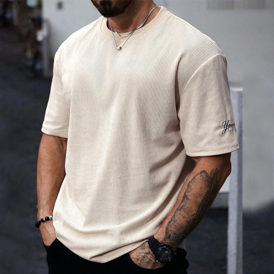 

Men's Summer Slim Collar Short Sleeve Casual Corduroy Textured Fabric Deep Crew Neck T-shirt