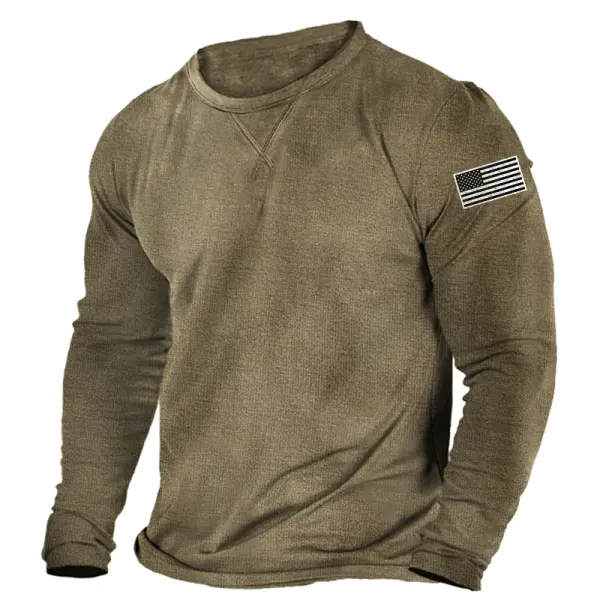 Men's Vintage Wash Waffle Flag Round Neck Long Sleeve T-shirt Only $23.99 - Elementnice.com 