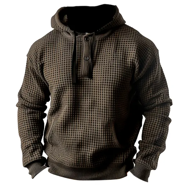 Men's Vintage Drawstring Henley Collar Waffle Hoodie - Rabclub.com 