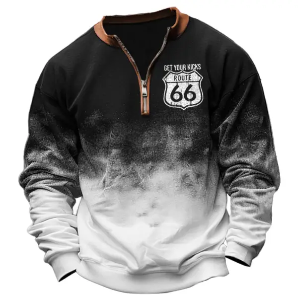 Men's Vintage Route 66 Road Trip Zip Henley Collar Tie Dye Ombre Long Sleeve Sweatshirt - Rabclub.com 