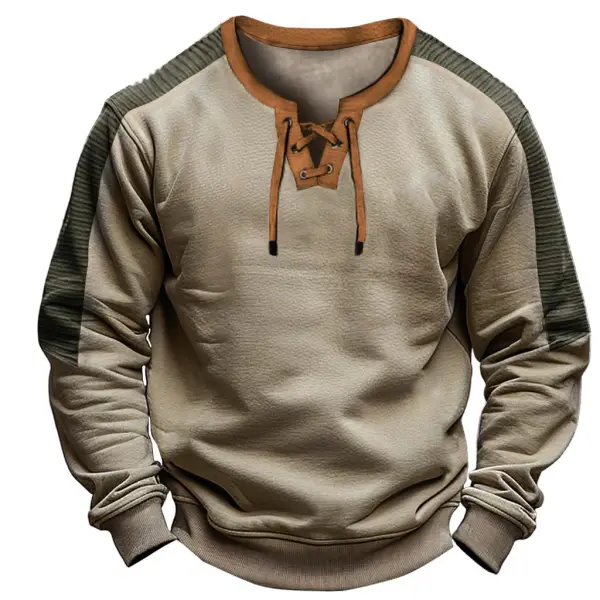 Men's Vintage Lace-up Sleeve Pleated Color Block Long Sleeve Sweatshirt Only $34.99 - Elementnice.com 