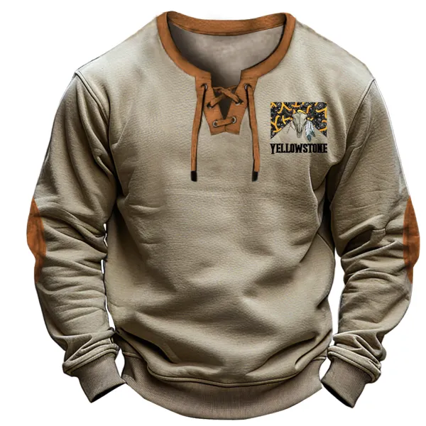 Men's Vintage Yellowstone Print Lace-up Sleeve Elbow Patch Color Block Long Sleeve Sweatshirt Only $29.99 - Cotosen.com 