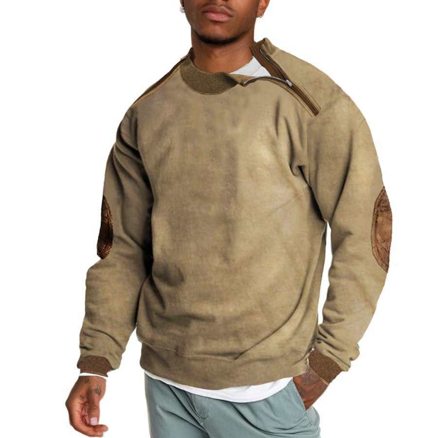 

Men's Sweatshirt Deconstructive Patchwork Vintage Long Sleeve Daily Polo Neck Tops