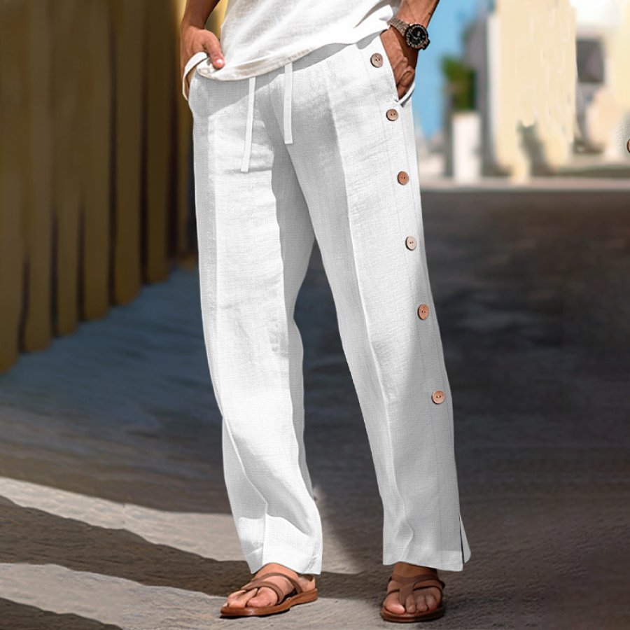 

Men's Linen Pants Trousers Summer Pants Drawstring Elastic Waist Side Button Plain Breathable Comfortable