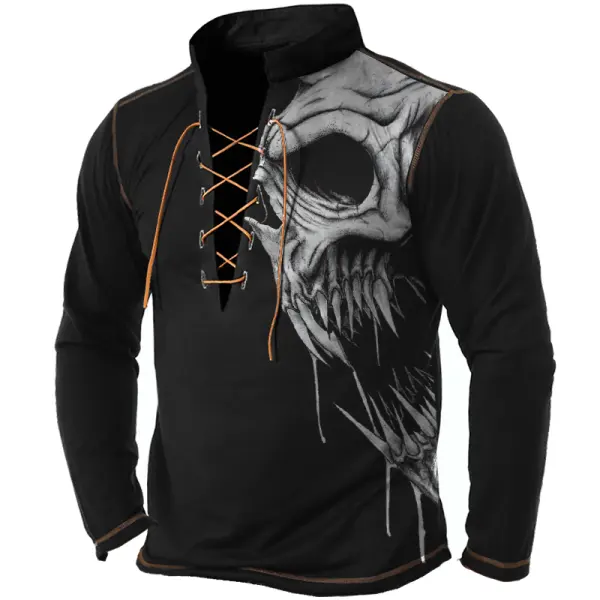 Men's Vintage Color Block Lace Up Skull Print Long Sleeves T-Shirt Only $27.99 - Elementnice.com 