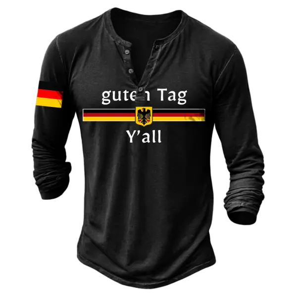 Men's Vintage Oktoberfest Guten Tag Y'all German Flag Henley Long Sleeve T-Shirt - Elementnice.com 