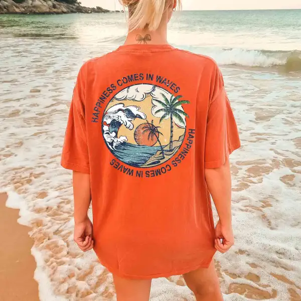 Women's Vintage Happiness Comes In Waves Print Beach Oversized Loose Short Sleeve T-Shirt - Wayrates.com 