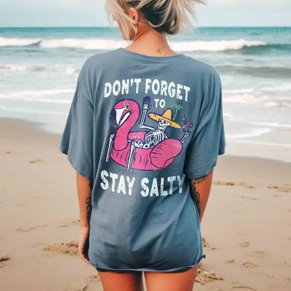 Women's Vintage Stay Salty Skeleton Print Beach Oversized Loose Short Sleeve T-Shirt - Rabclub.com 