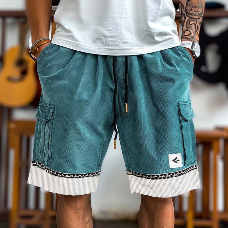 

Men's Corduroy Surf Shorts Vintage Aztec Vacation Multi-Pocket Color Block Daily Hawaii Casual Walkshort