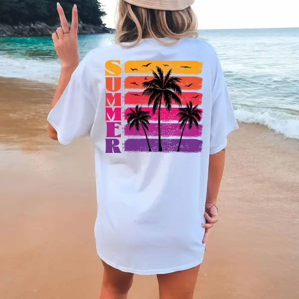 Women's Vintage Summer Palm Trees Sunset Print Beach Oversized Loose Short Sleeve T-Shirt - Elementnice.com 