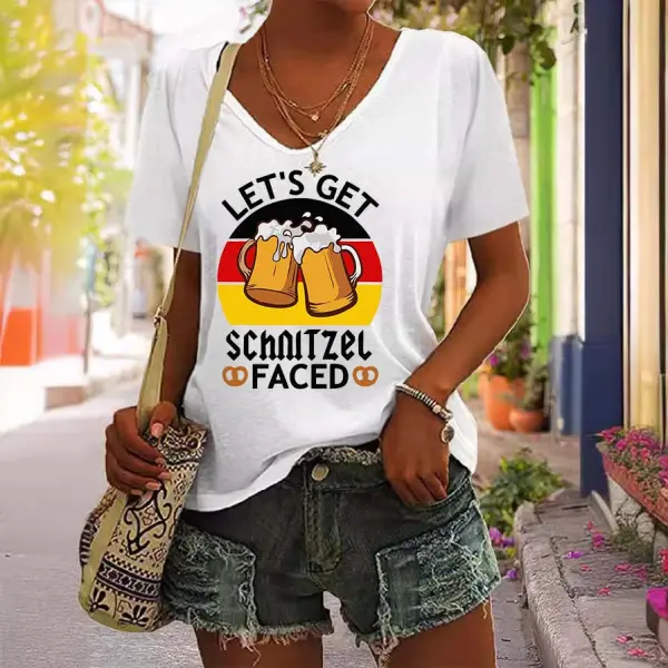 Women's Vintage Let's Get The Schnitzel Faced Oktoberfest Print Short Sleeve V-Neck Casual T-Shirt - Wayrates.com 