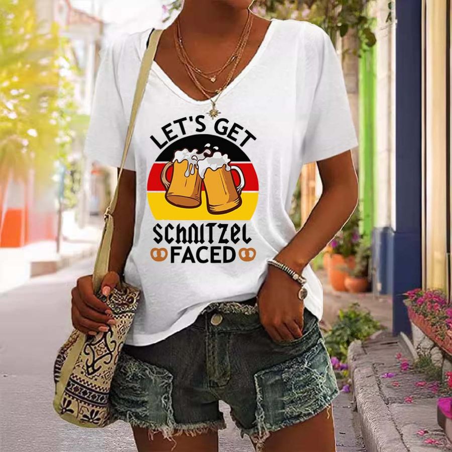 

Women's Vintage Let's Get The Schnitzel Faced Oktoberfest Print Short Sleeve V-Neck Casual T-Shirt