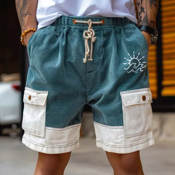 Men's Corduroy Surf Shorts Vintage Sun Wave Print Vacation Multi-Pocket Color Block Daily Hawaii Casual Walkshort - Wayrates.com 