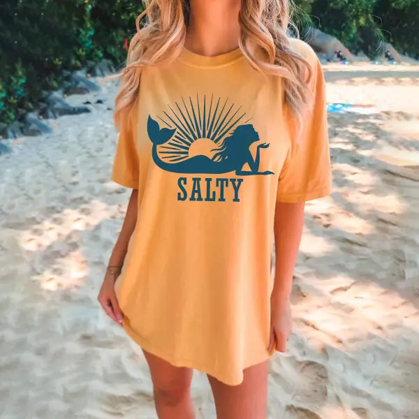 Women's Vintage Salty Mermaid Print Beach Oversized Loose Short Sleeve T-Shirt - Wayrates.com 