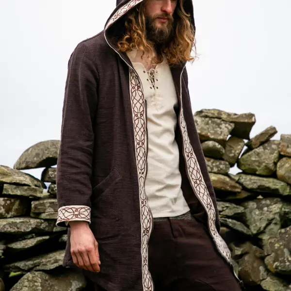 Men's Ethnic Ribbon Splicing Cotton Linen Cloak Hooded Shirt - Wayrates.com 