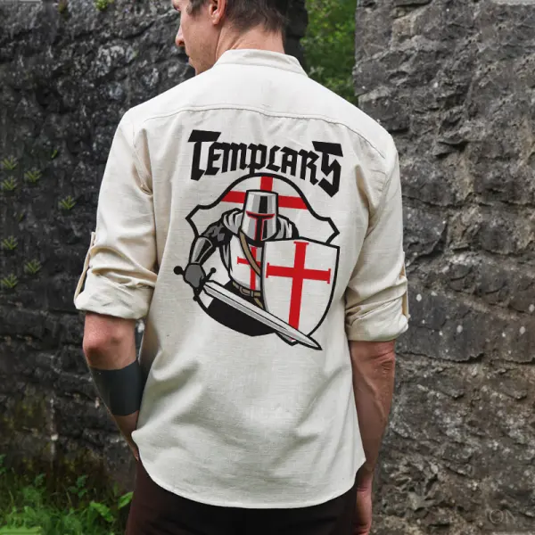 Men's Templar Printed Pocket Stand Up Collar Cotton Linen Shirt Only $29.99 - Elementnice.com 