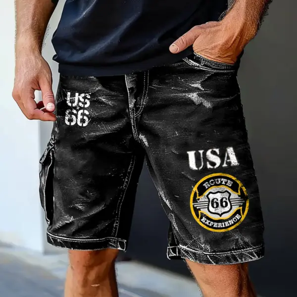 Men's Vintage Route 66 Road Trip Print Distressed Utility Multi-Pocket Cargo Shorts Only $34.99 - Elementnice.com 