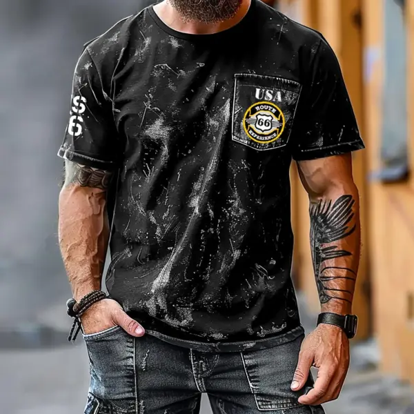 Men's Vintage Route 66 Road Trip Distressed Pocket Short Sleeve Crew Neck T-Shirt Only $22.99 - Cotosen.com 