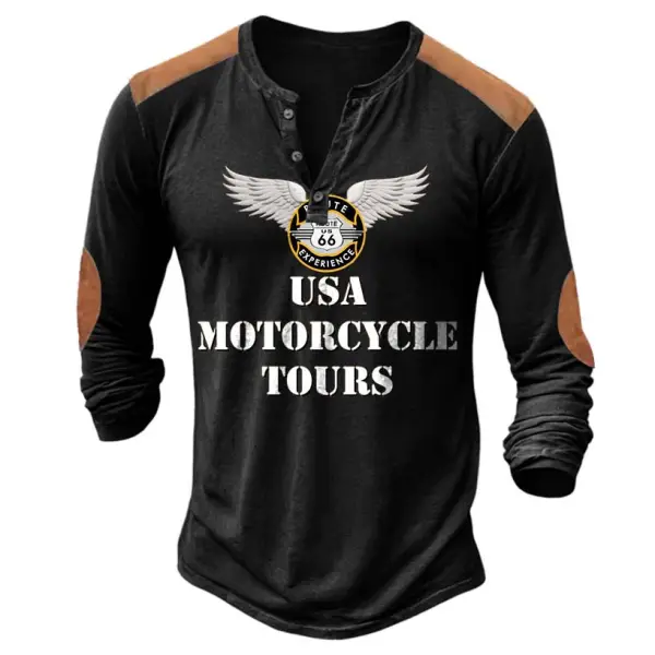 Men's Vintage Route 66 Motorcycle Color Block Henley Long Sleeve T-Shirt - Elementnice.com 