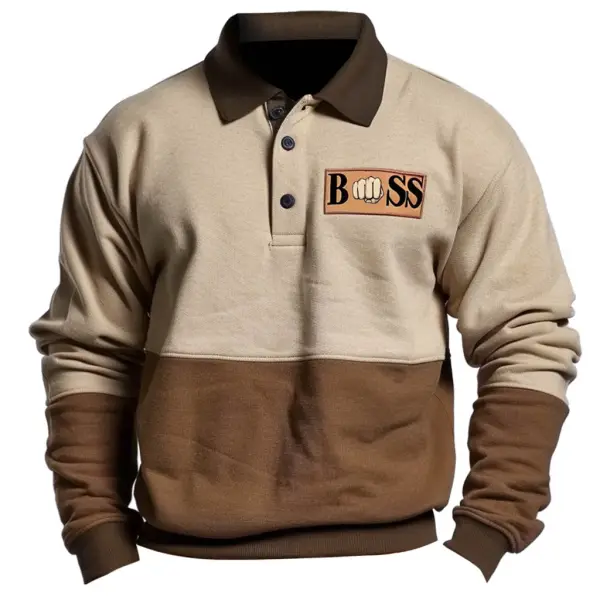 Men's Vintage Polo Collar Color Block Long Sleeve Sweatshirt - Cotosen.com 