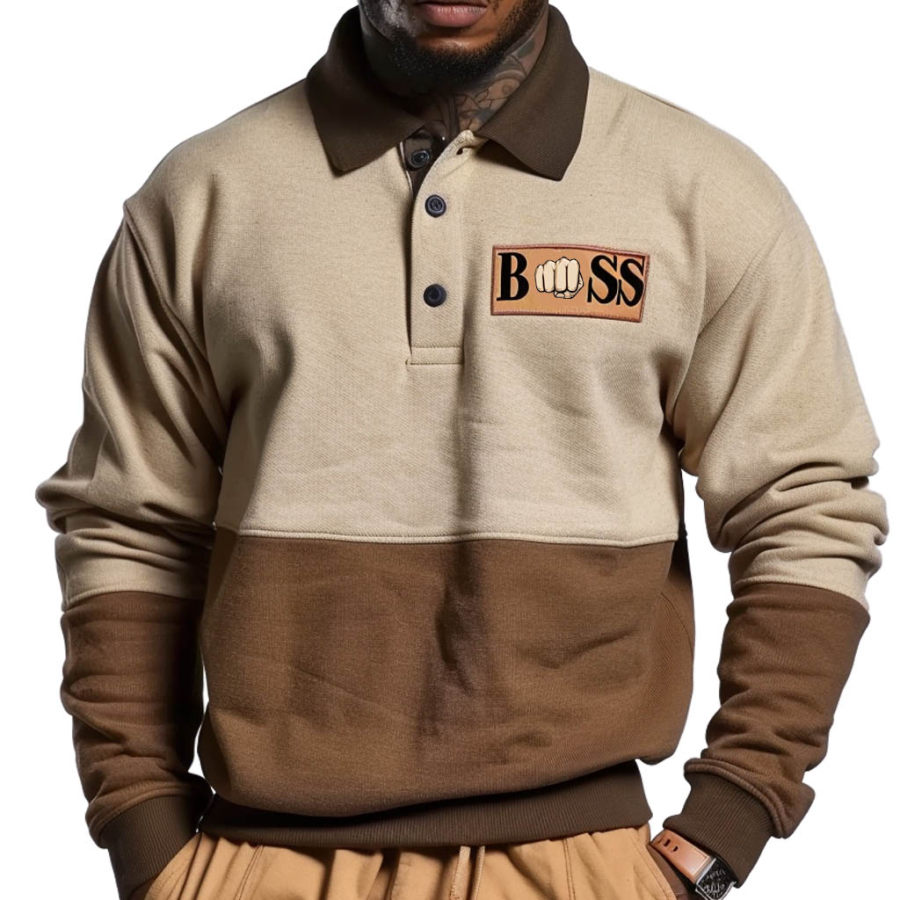 

Men's Vintage Polo Collar Color Block Long Sleeve Sweatshirt