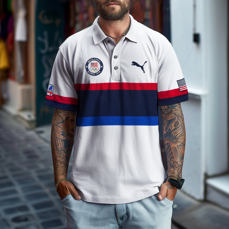 

Men's Paris 2024 Team USA Print Summer Short Sleeve Casual Holiday Polo Neck T-Shirt