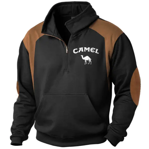 Men's Vintage Print Pocket Color Block Quarter-Zip Stand Collar Long Sleeve Sweatshirt - Cotosen.com