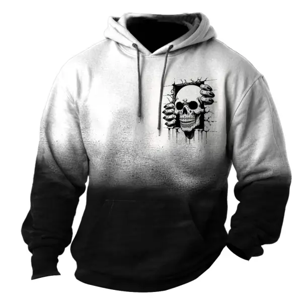 Men's Vintage Dark Skull Gradient Pocket Long Sleeve Hoodie - Elementnice.com 