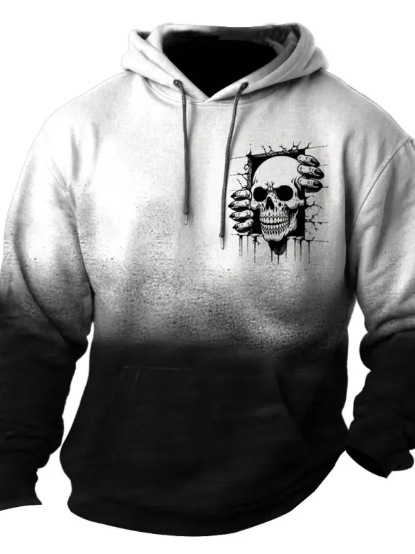 Men's Vintage Dark Skull Gradient Pocket Long Sleeve Hoodie - Menwyx.com 