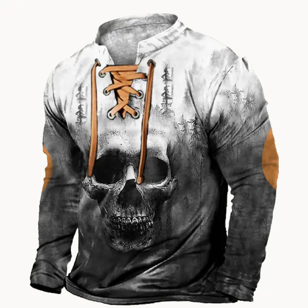 Men's Vintage Dark Skull Branch Lace-Up Stand Collar Color Block Long Sleeve T-shirt - Rabclub.com 