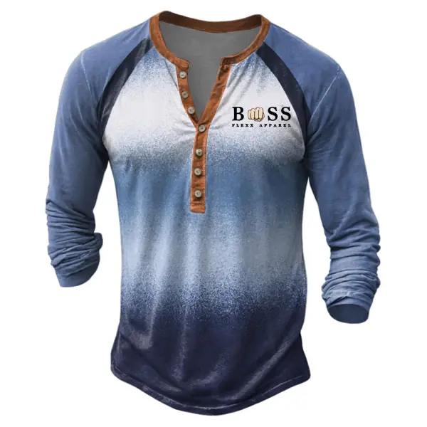 Men's Vintage Gradient Print Color Block Henley Long Sleeve T-Shirt - Elementnice.com 