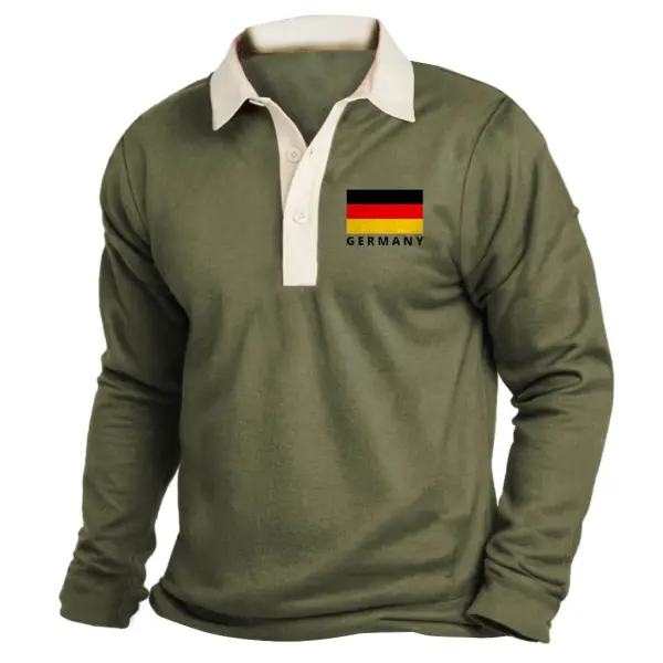 Men's Vintage German Flag Print Polo Collar Color Block Long Sleeve Sweatshirt - Elementnice.com 