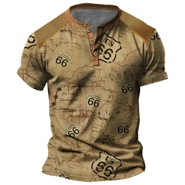 Men's Route66 Vintage Distressed Washed 3d Print Henley T-shirt Only $23.99 - Rabclub.com 