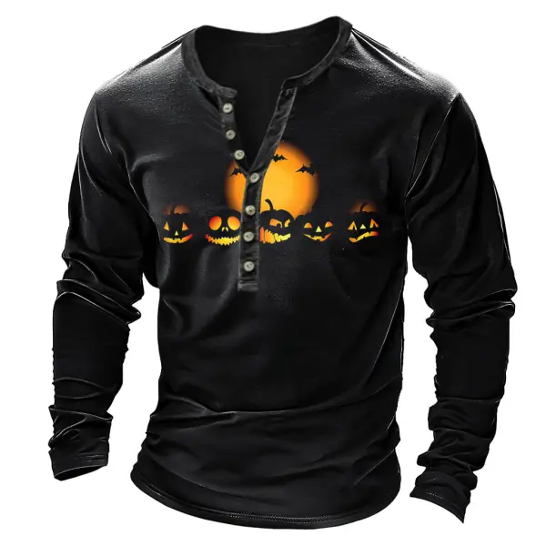 Men's Vintage Pumpkin Moon Bats Halloween Print Henley Long Sleeve T-Shirt - Rabclub.com 