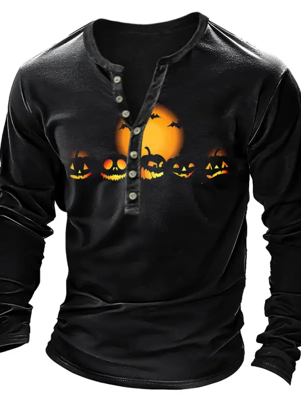 Men's Vintage Pumpkin Moon Bats Halloween Print Henley Long Sleeve T-Shirt - Menwyx.com 