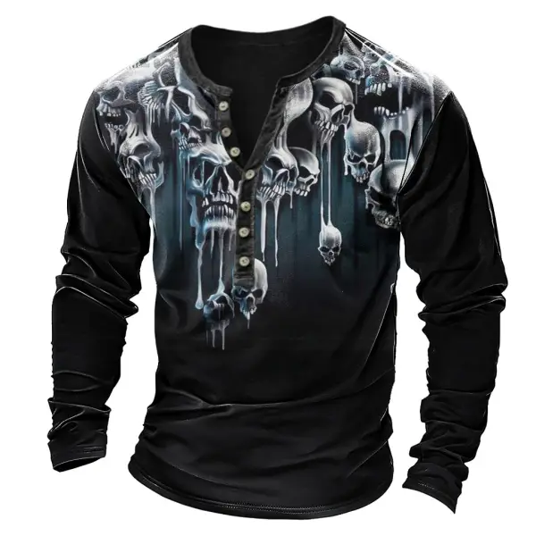 Men's Vintage Dark Skull Halloween Print Henley Long Sleeve T-Shirt - Elementnice.com 