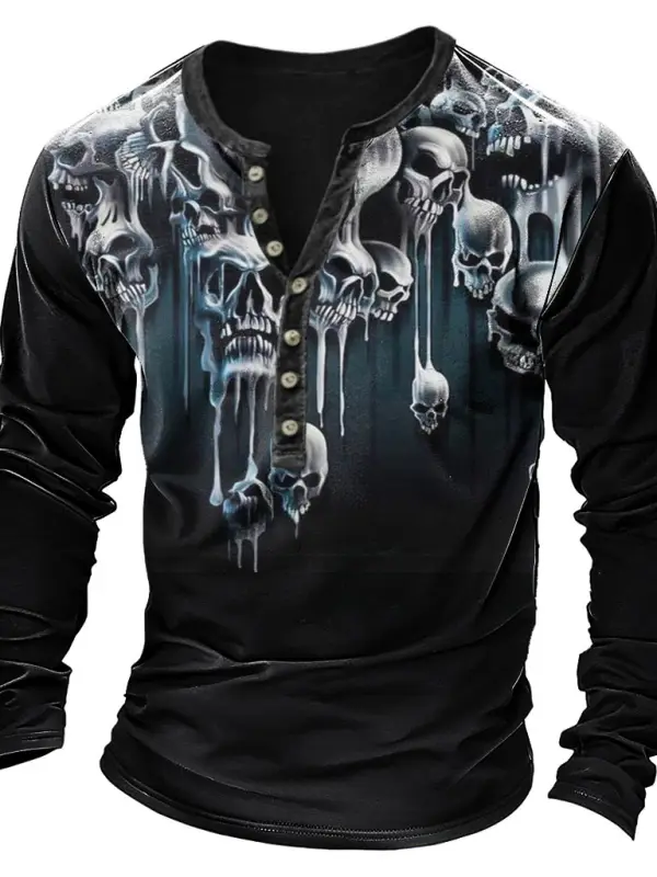 Men's Vintage Dark Skull Halloween Print Henley Long Sleeve T-Shirt - Menwyx.com 