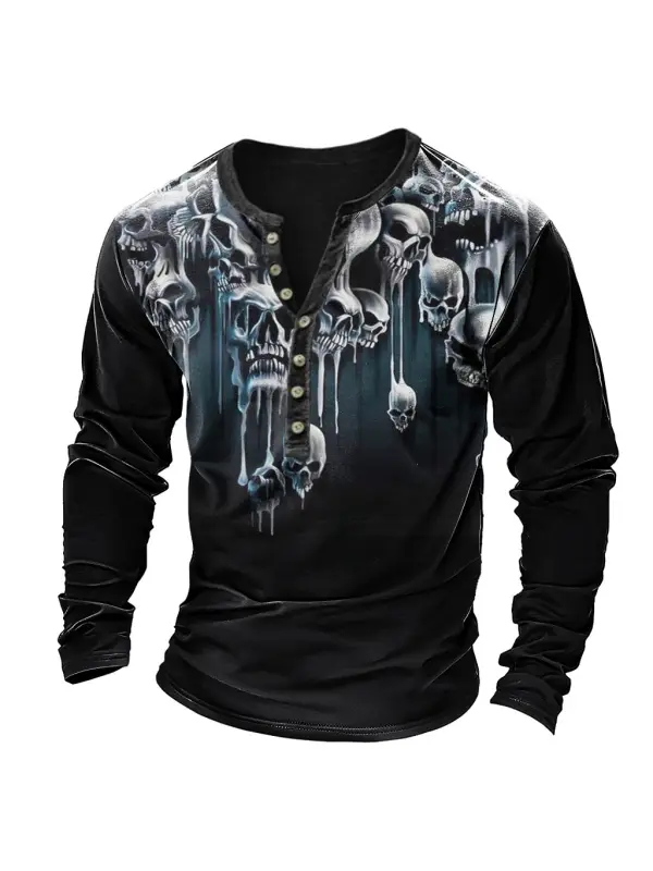 Men's Vintage Dark Skull Halloween Print Henley Long Sleeve T-Shirt - Anrider.com 