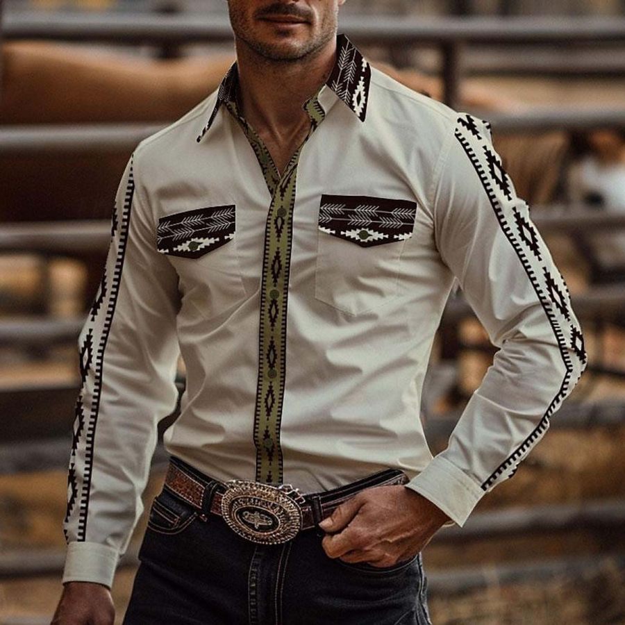 

Men's Vintage Western Aztec Geometric Print Pocket Casual Long Sleeve Shirt