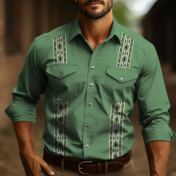 Men's Vintage Western Aztec Geometric Print Pocket Casual Long Sleeve Shirt - Wayrates.com 