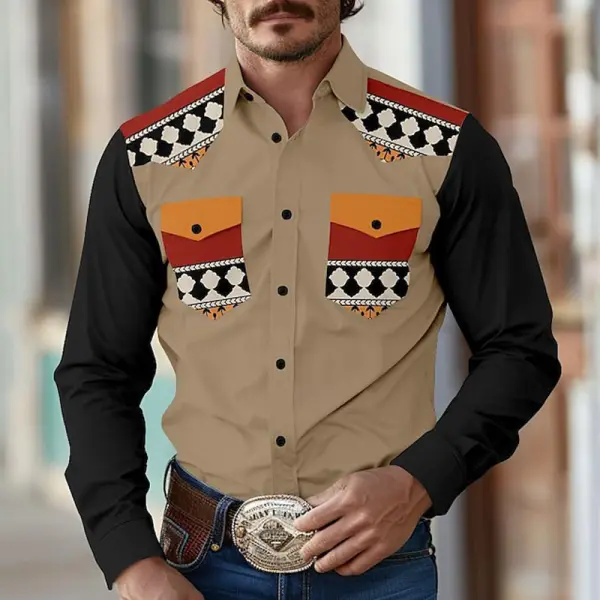 Men's Vintage Western Aztec Geometric Print Pocket Casual Long Sleeve Shirt - Wayrates.com 