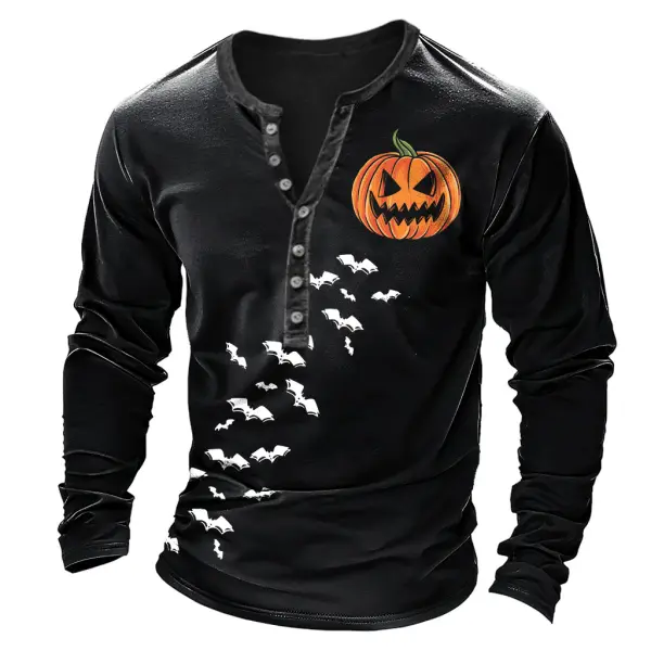 Men's Vintage Scary Pumpkin Bat Halloween Print Henley Long Sleeve T-Shirt - Cotosen.com