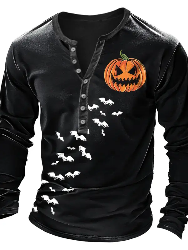 Men's Vintage Scary Pumpkin Bat Halloween Print Henley Long Sleeve T-Shirt - Menwyx.com 