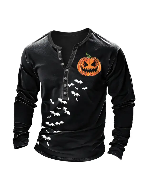 Men's Vintage Scary Pumpkin Bat Halloween Print Henley Long Sleeve T-Shirt - Ootdmw.com 