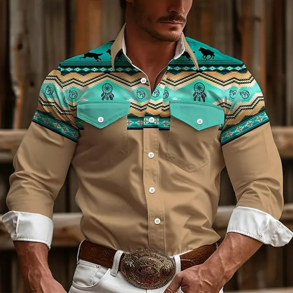 Men's Vintage Western Aztec Geometric Print Pocket Casual Long Sleeve Shirt - Wayrates.com 