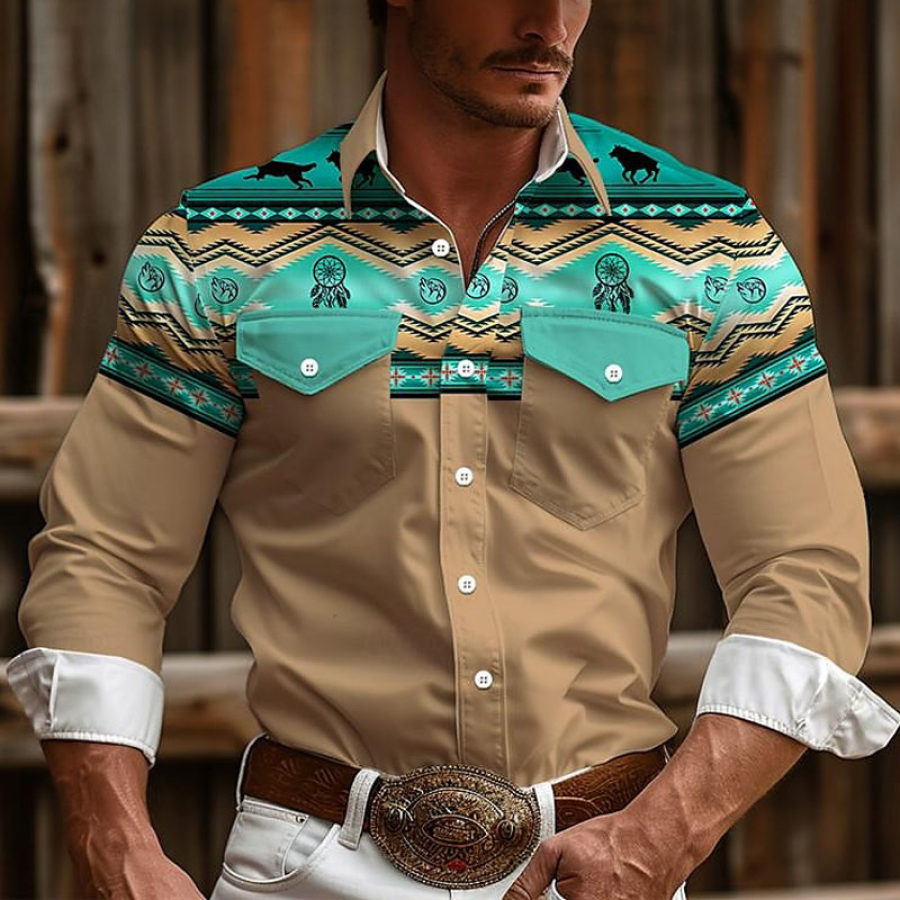 

Men's Vintage Western Aztec Geometric Print Pocket Casual Long Sleeve Shirt