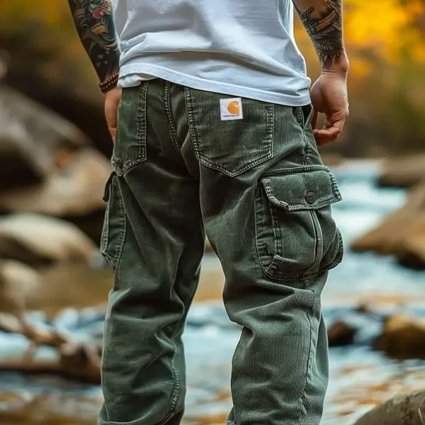 Men's Vintage Corduroy Outdoor Multi-pocket Cargo Pants Trousers - Nicheten.com 