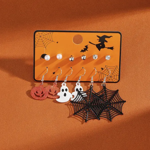 Halloween 6 Pairs Of Spider Web Pumpkin Ghost Earrings Combination Festive Atmosphere Earrings Set - Nicheten.com 