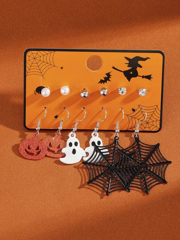 Halloween 6 Pairs Of Spider Web Pumpkin Ghost Earrings Combination Festive Atmosphere Earrings Set - Pragmaace.com 
