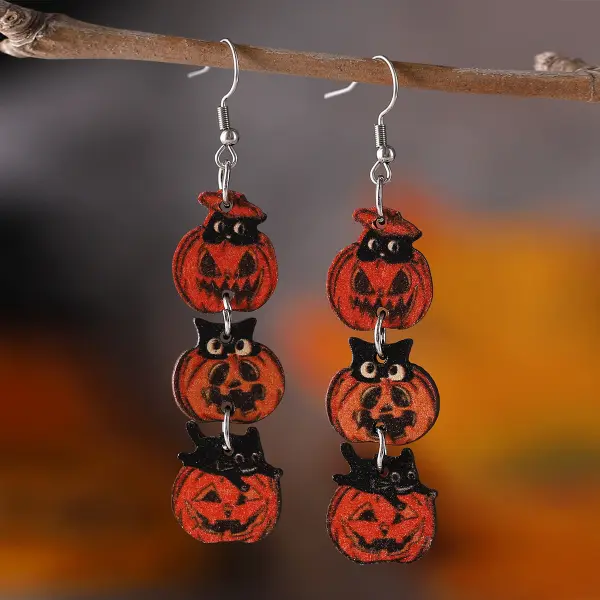 Halloween Wooden Double-sided Funny Pumpkin Earrings - Elementnice.com 